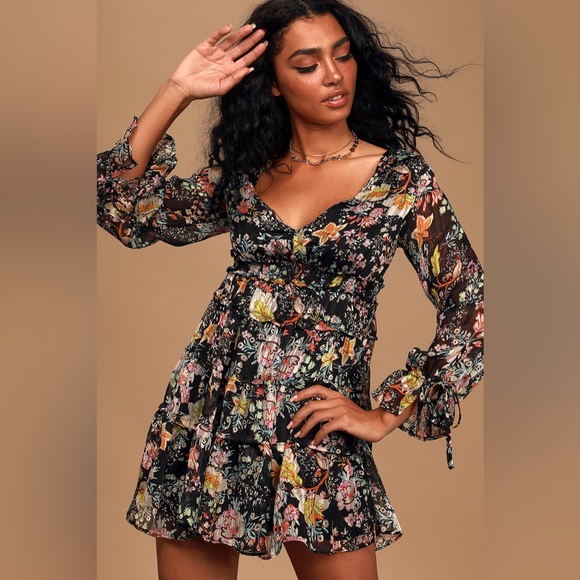 Free People Dresses & Skirts - Free People Closer to the Heart Black Floral Tiered Mini Dress Size Small